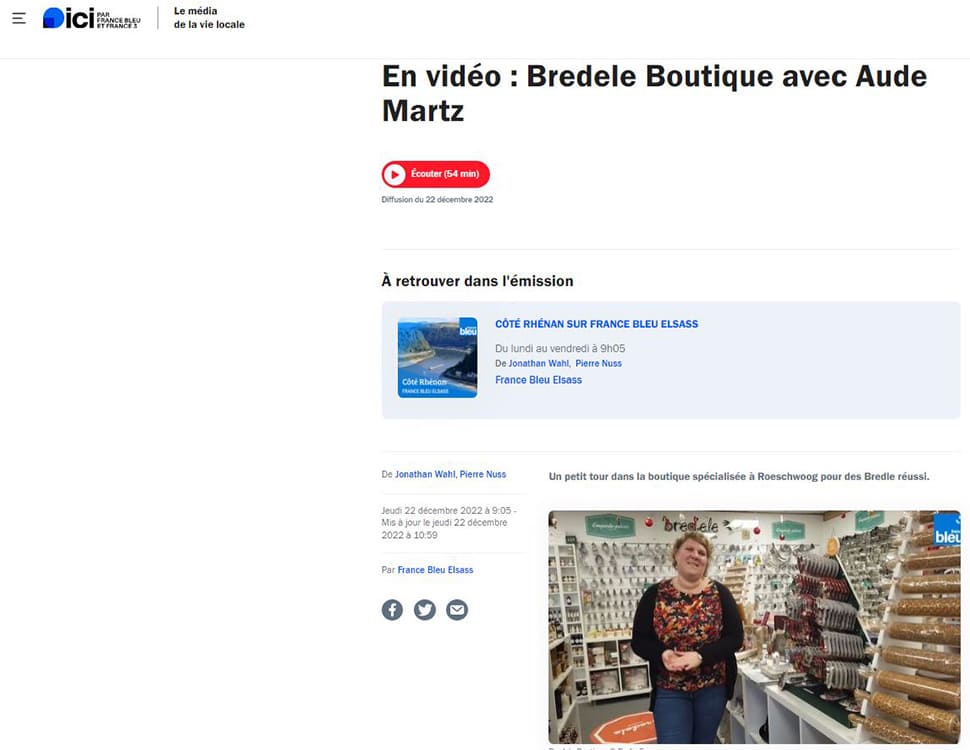 Article France Bleu : "En vidéo : Bredele Boutique avec Aude Martz"
